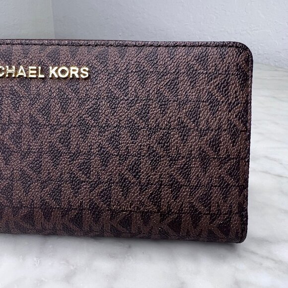 Michael Kors Continental Wallet JetSet Zippered Large Brown Wristlet Leather - Picture 14 of 16